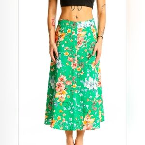 LOFT Women's Green Floral A-Line Midi Skirt